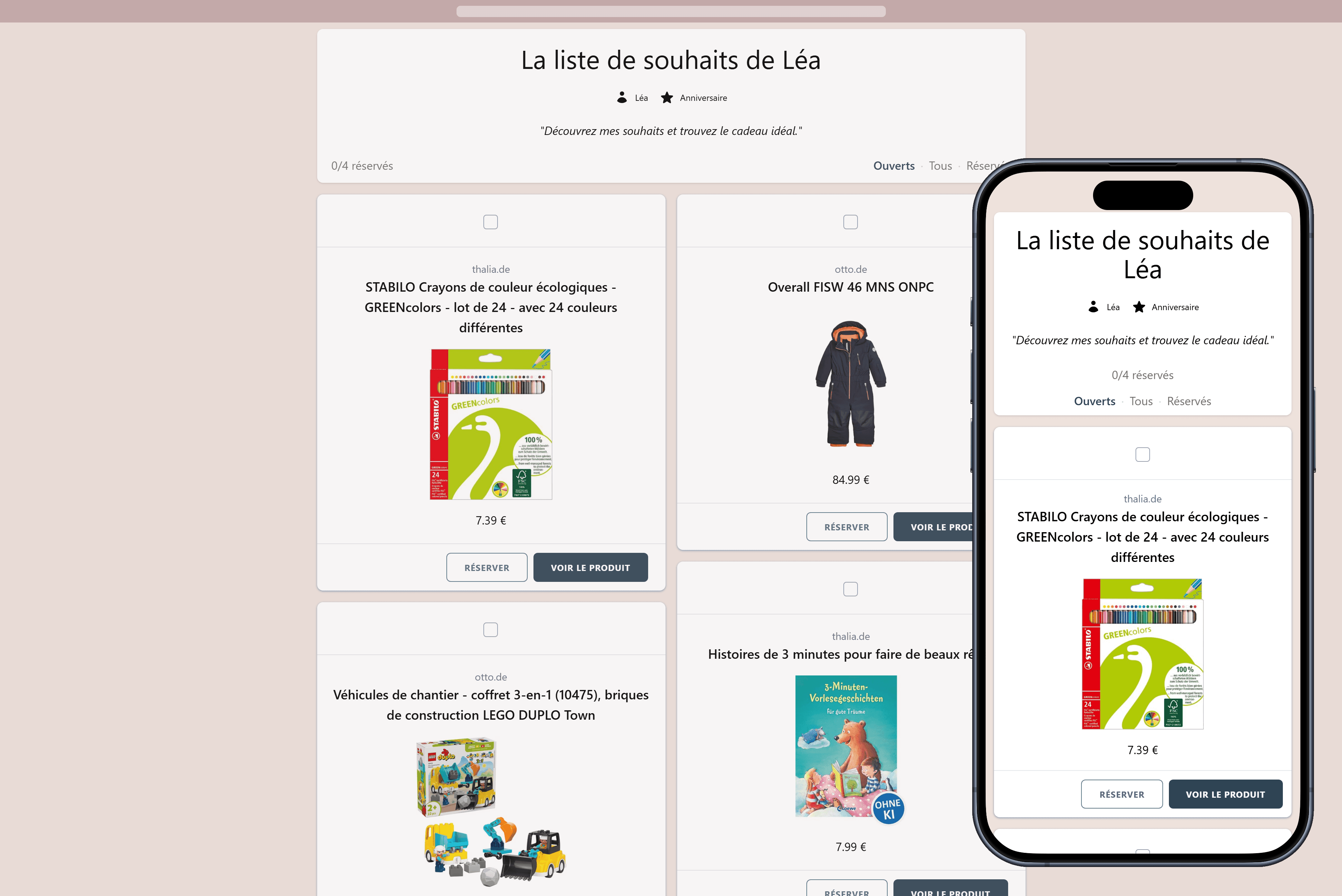 Exemple d'une liste de souhaits en ligne prête à être partagée avec vos proches